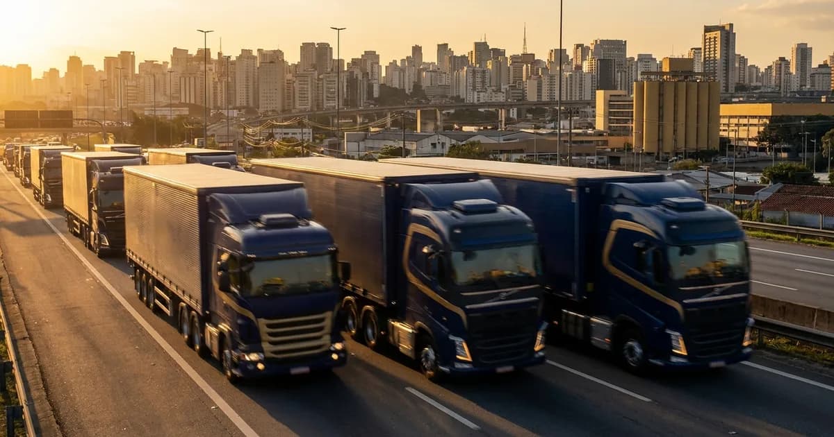 Comboio de caminhões de carga em rodovia da Grande São Paulo, representando o tratamento do ICMS no frete intermunicipal e interestadual paulista